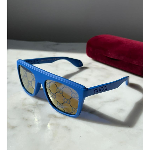NEW Gucci GG1570S Blue Mirror Logo Sunglasses - Picture 1 of 8